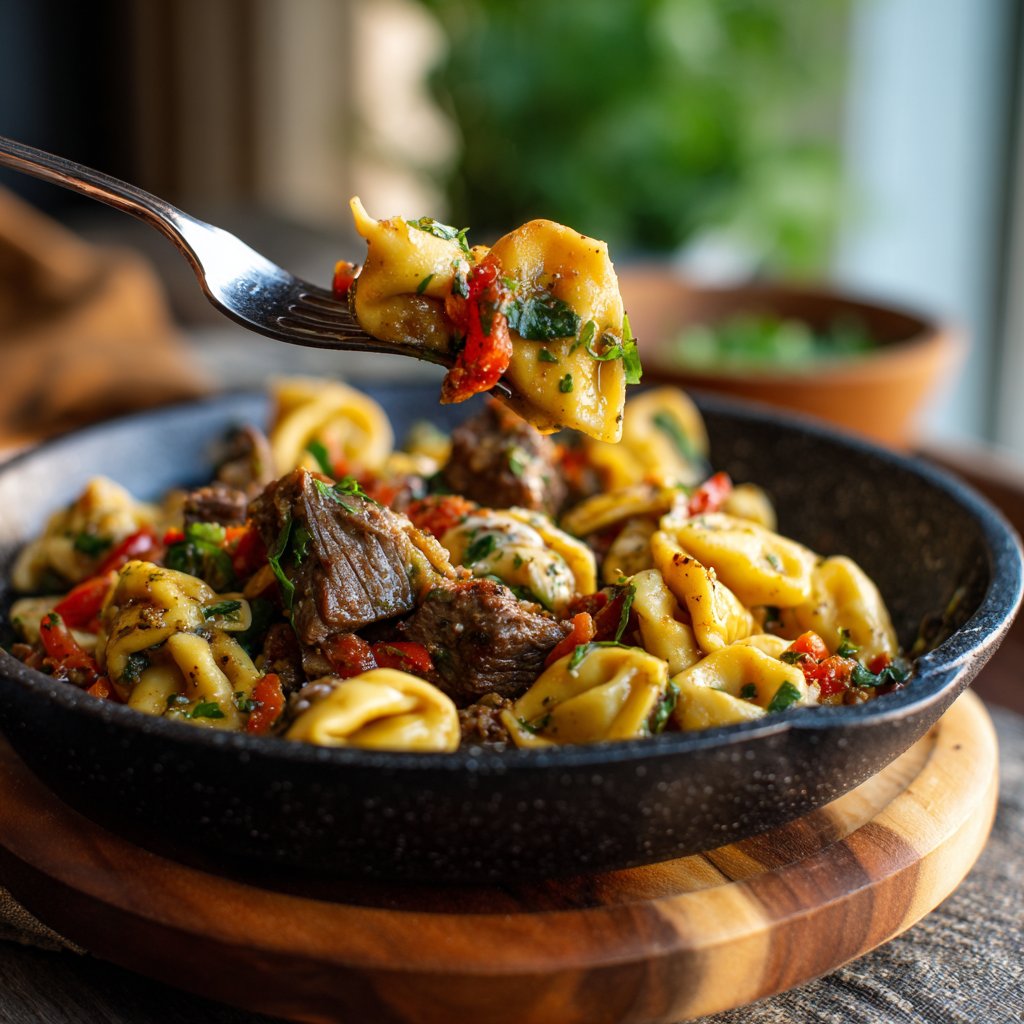 Garlic Steak Tortellini with Roasted Red Peppers